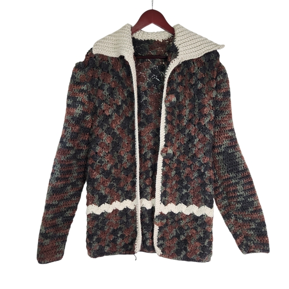 Handmade Vintage Crocheted Knit Cardigan Brown Green Granny Grandmacore XL - Picture 7 of 15